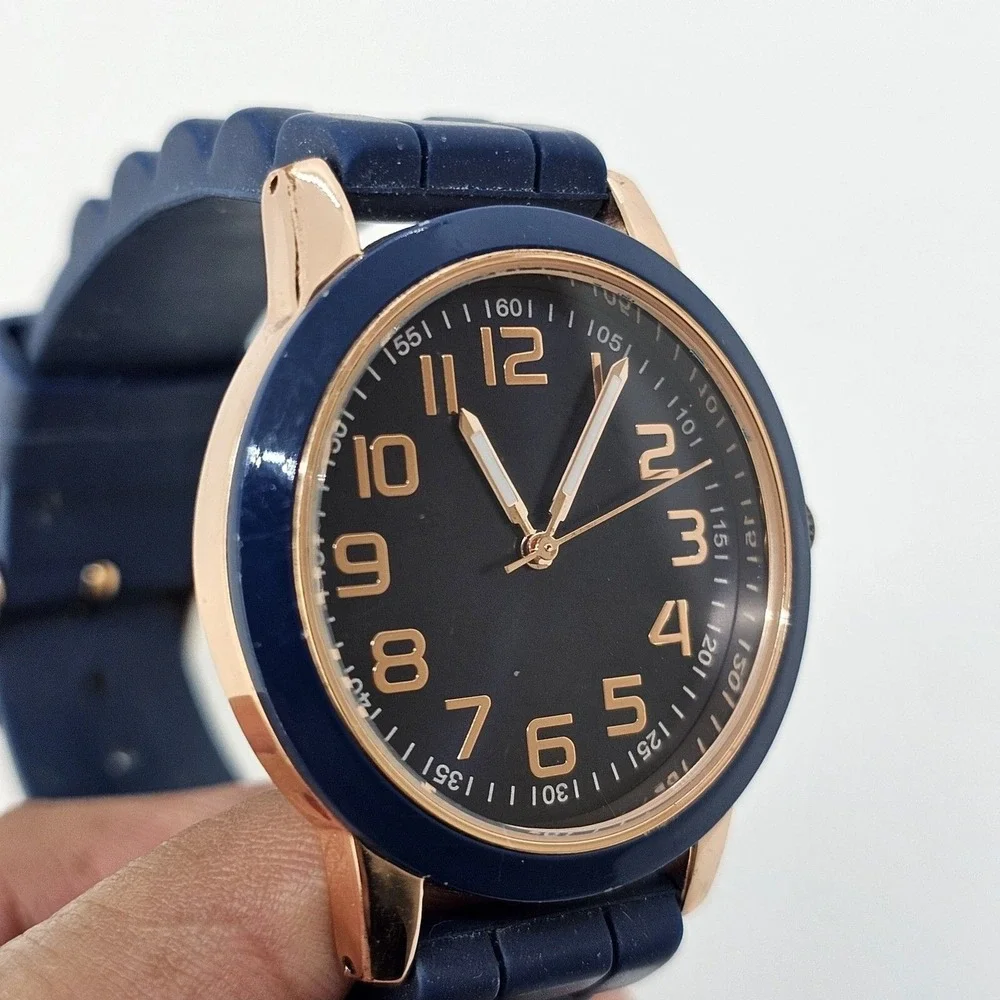 Unisex‎ Watch 38MM Blue Dial Blue Gold Case Blue Plastic Band Straps New Battery